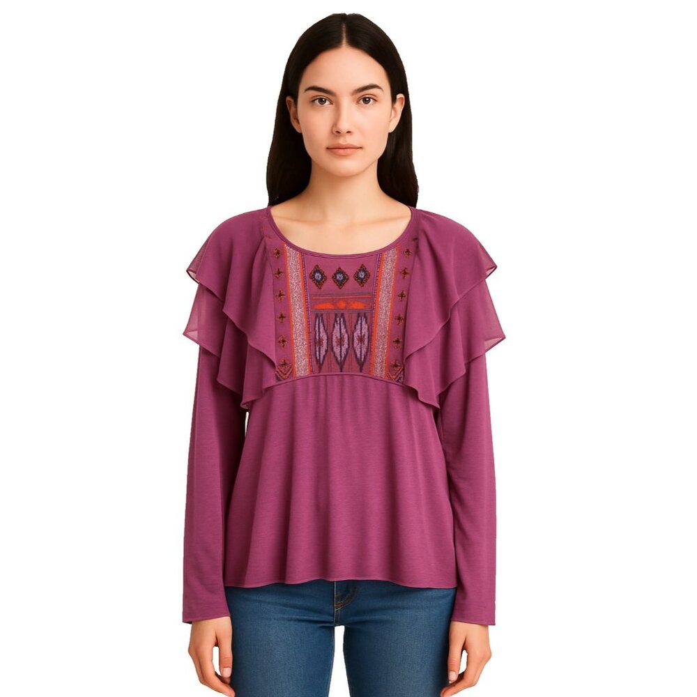 Free People La Cienega Top Womens Small Purple Embroidered Sheer BOHO Fairy